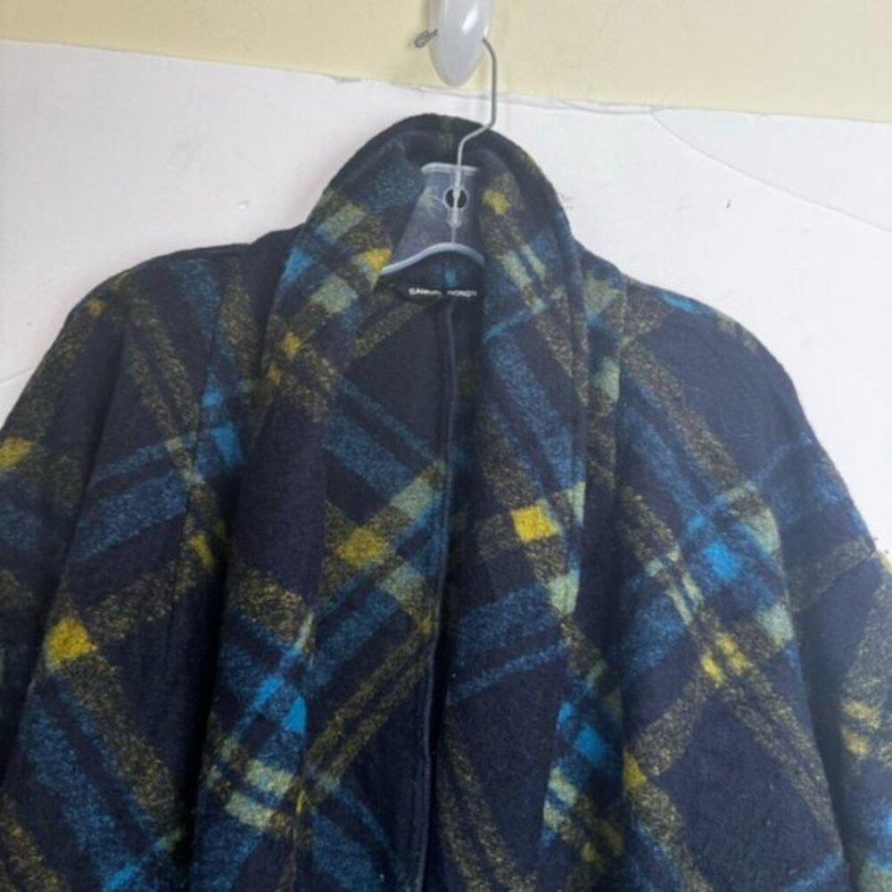 Samuel Dong Wool Check Fringe Wrap Coat Shawl Pockets Tartan Poncho Oversized L - Picture 10 of 16